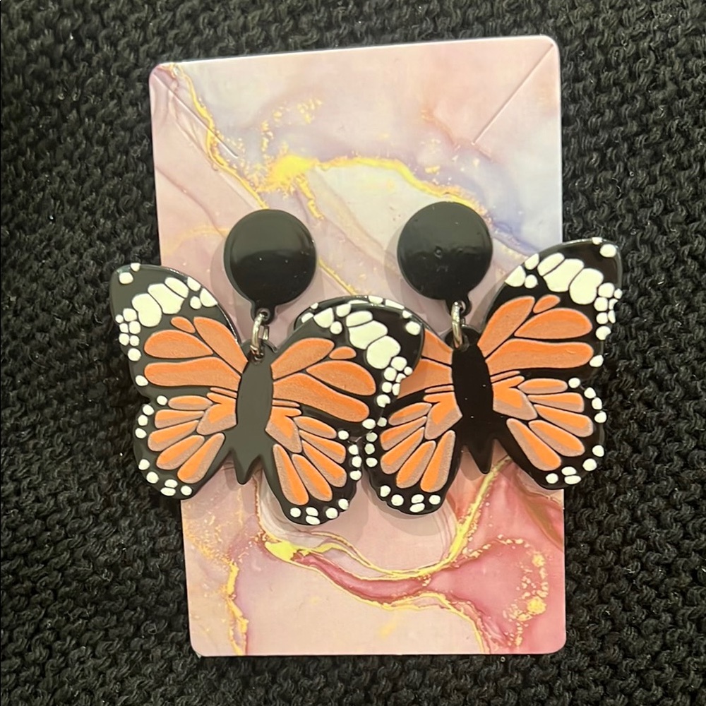 Monarch Butterfly Drop Earrings Orange Black White Acrylic Statement Jewelry
